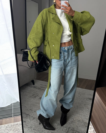 Women's Belted Cropped Jacket Stand Collar Trench Coat