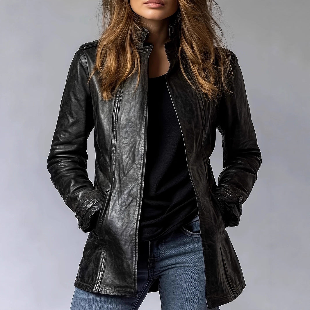 Women's Distressed Faux Leather Jacket Gothic Stand Collar