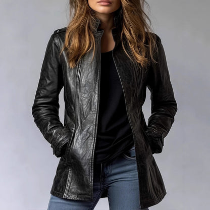 Women's Distressed Faux Leather Jacket Gothic Stand Collar