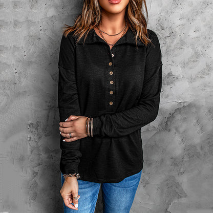 Oversized Ribbed Knit Collared Button Front Long Sleeve Top