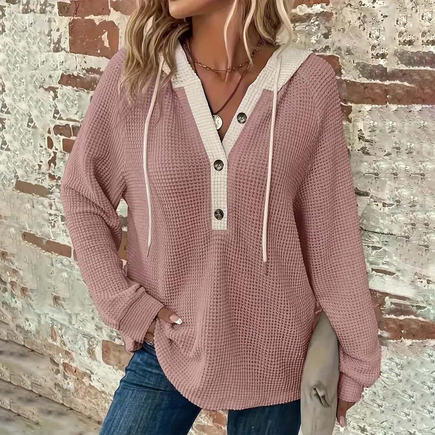 Women's Waffle Knit Color Block Henley Hoodie Long Sleeve