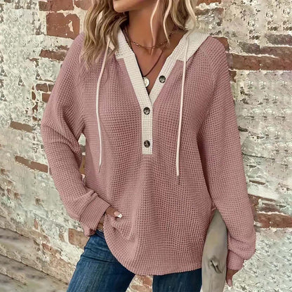 Women's Waffle Knit Color Block Henley Hoodie Long Sleeve