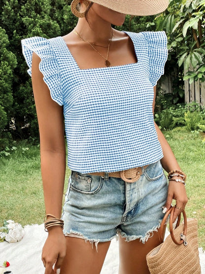 Gingham Square Neck Ruffle Sleeve Blouse Top