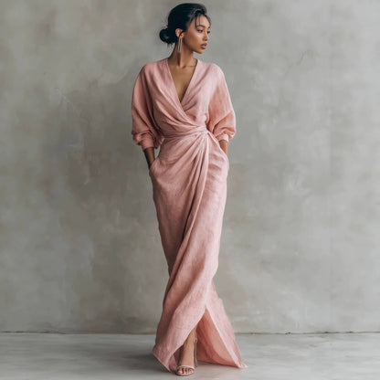 Elegant Wrap V-Neck Maxi Dress Side Slit Pockets