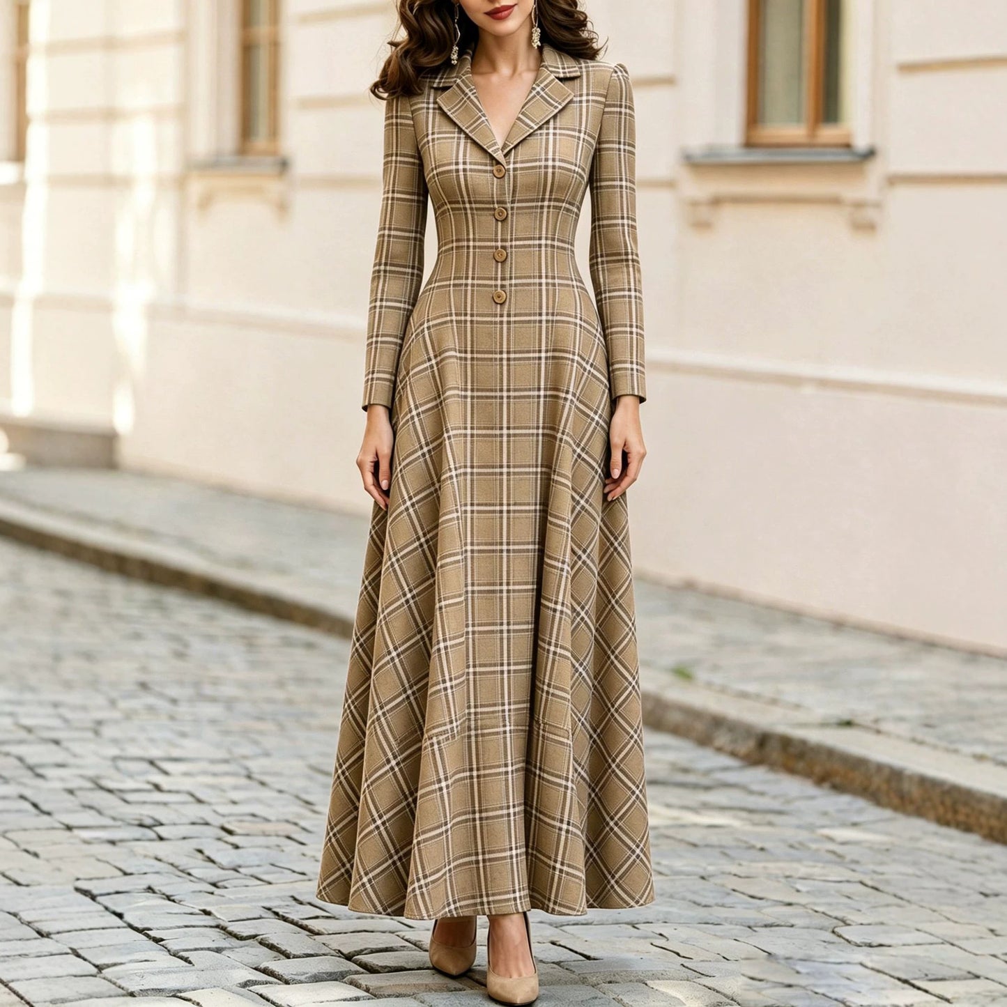 Elegant Plaid Blazer Dress Maxi Long Sleeve Button Front