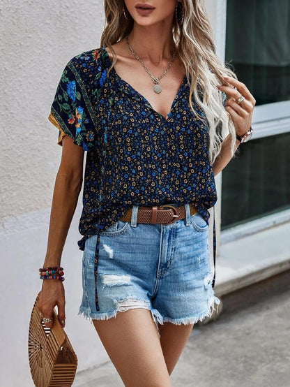 Short-Sleeve Top V-Neck Printed Celebrity Style Casual Loose Shirt