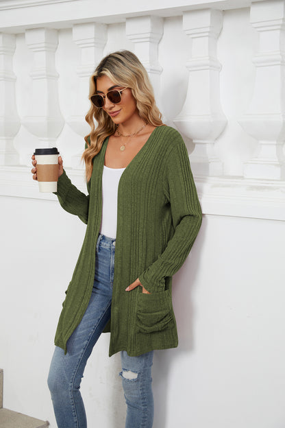 Women's Long Sleeve Ribbed Open Front Cardigan Pockets
