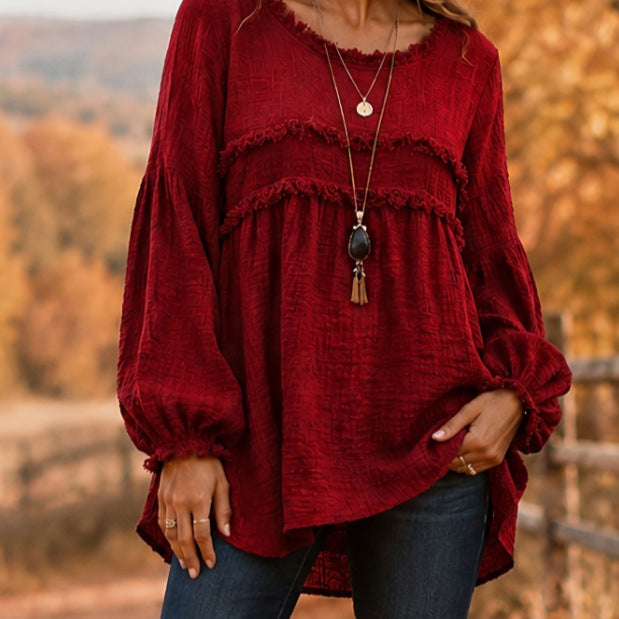 Women's Fringe Tiered Long Sleeve Flowy Textured Top