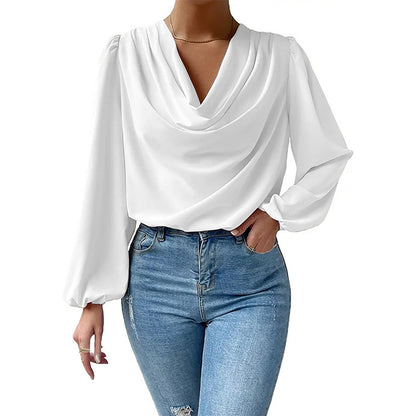Cowl Neck Chiffon Blouse Lantern Sleeve Draped Top