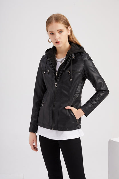 Women's Faux Leather Moto Jacket Removable Hood Plus Size