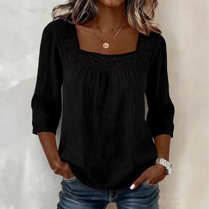 Women's Square Neck Eyelet Lace 3/4 Sleeve Summer Blouse