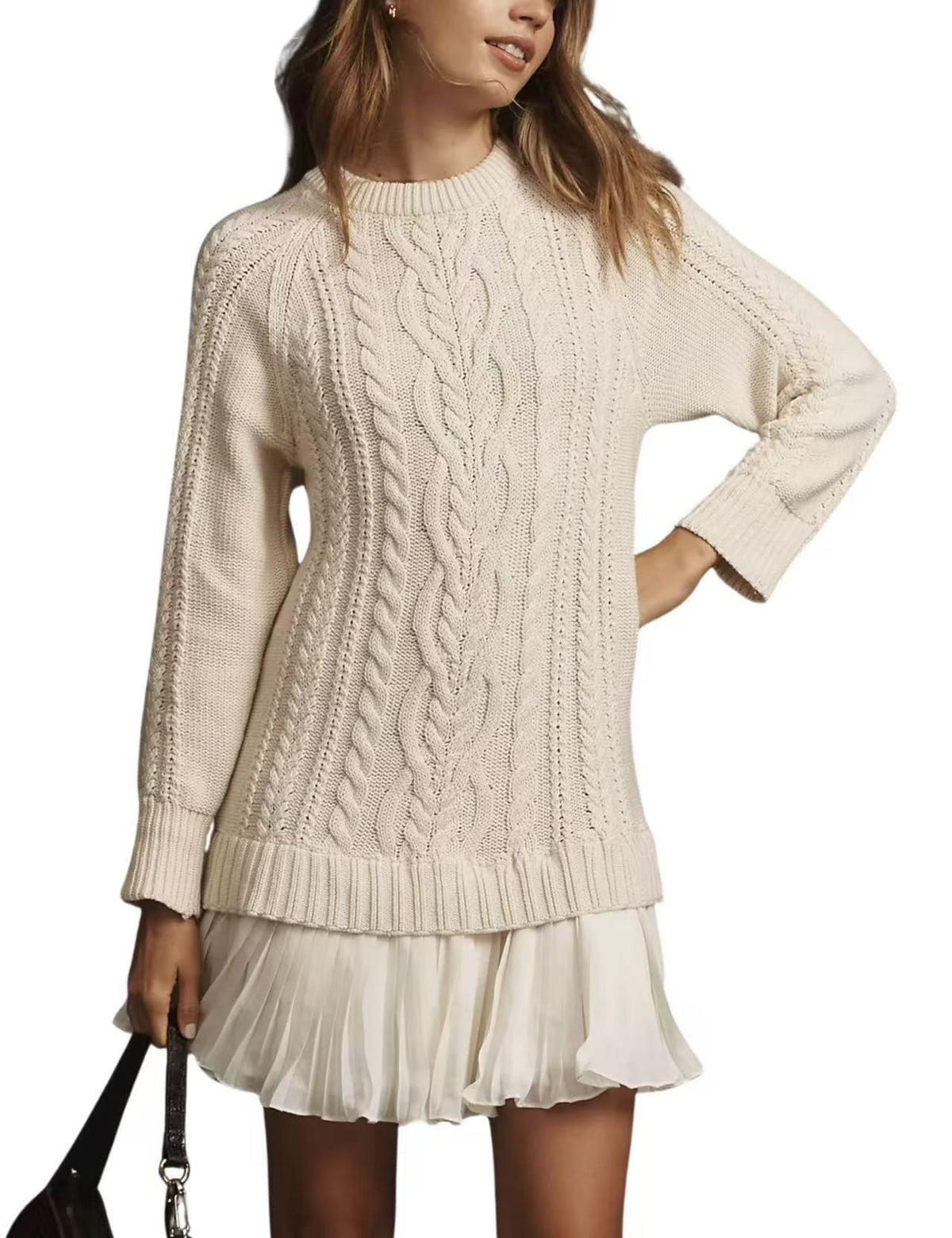 Women's Cable Knit Crew Neck Cashmere Sweater
