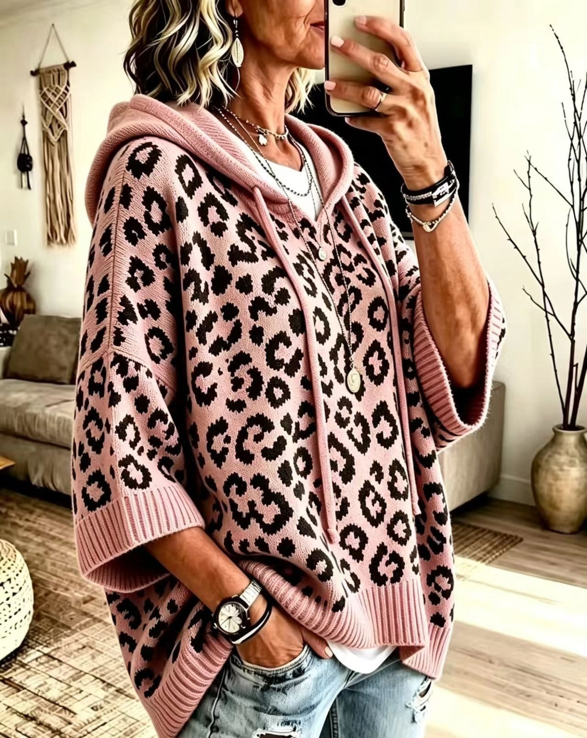 Women's Leopard Print Oversized Hooded Knit Sweater