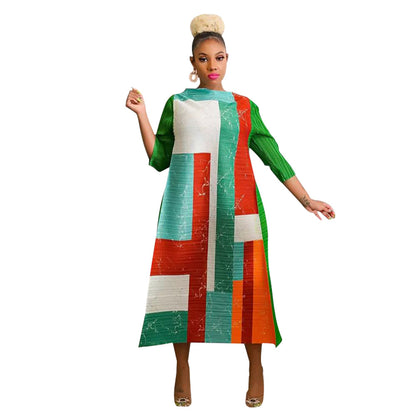 Women's Geometric Pleated Maxi Dress 3/4 Sleeve Colorful