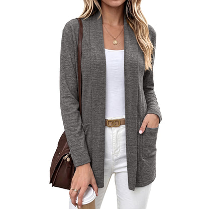 Pocket Open Front Cardigan Long Sleeve Knit Top