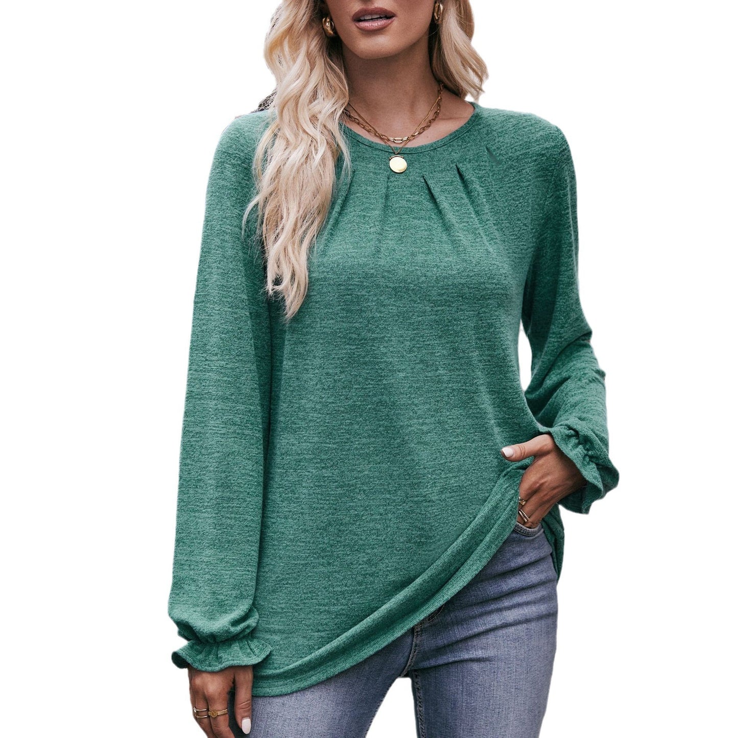 Round Neck Pleated Long Sleeve Brushed Knit Top