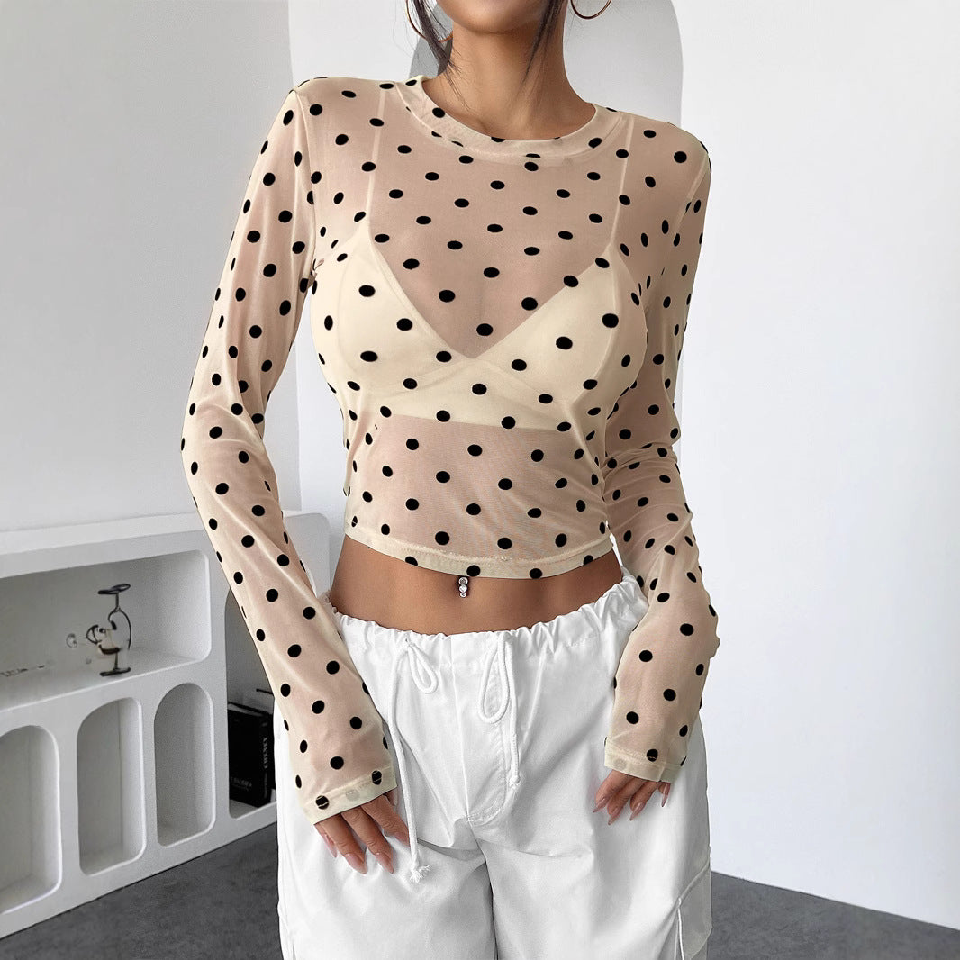 Polka Dot Sheer Mesh Long Sleeve Top for Women