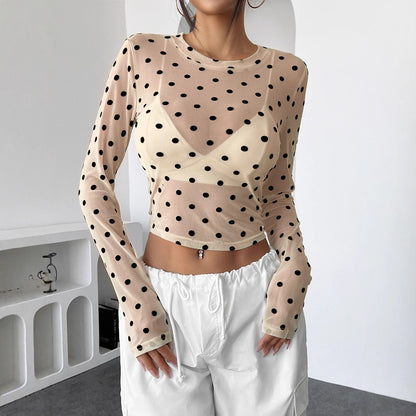 Polka Dot Sheer Mesh Long Sleeve Top for Women