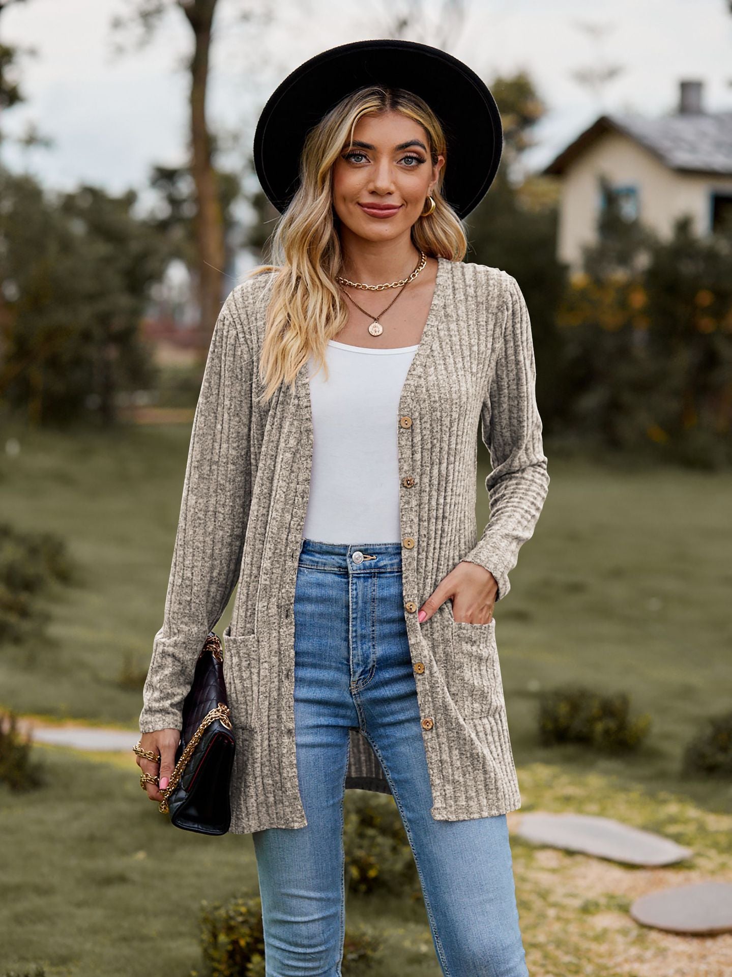 Ribbed Knit Cardigan Long Sleeve Button Pocket Sweater
