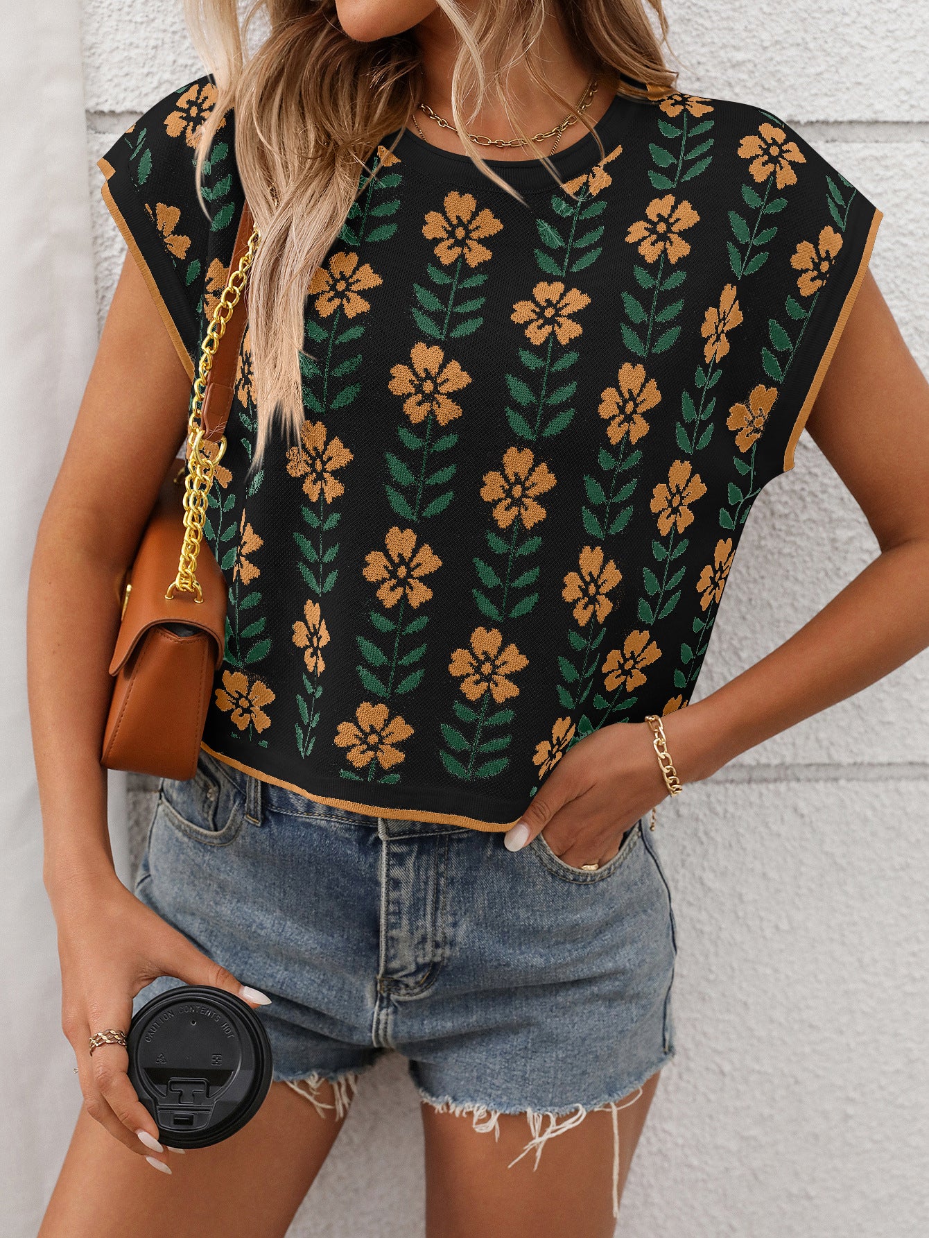 Women’s Vintage Floral Knit Crop Top Cap Sleeve Tee