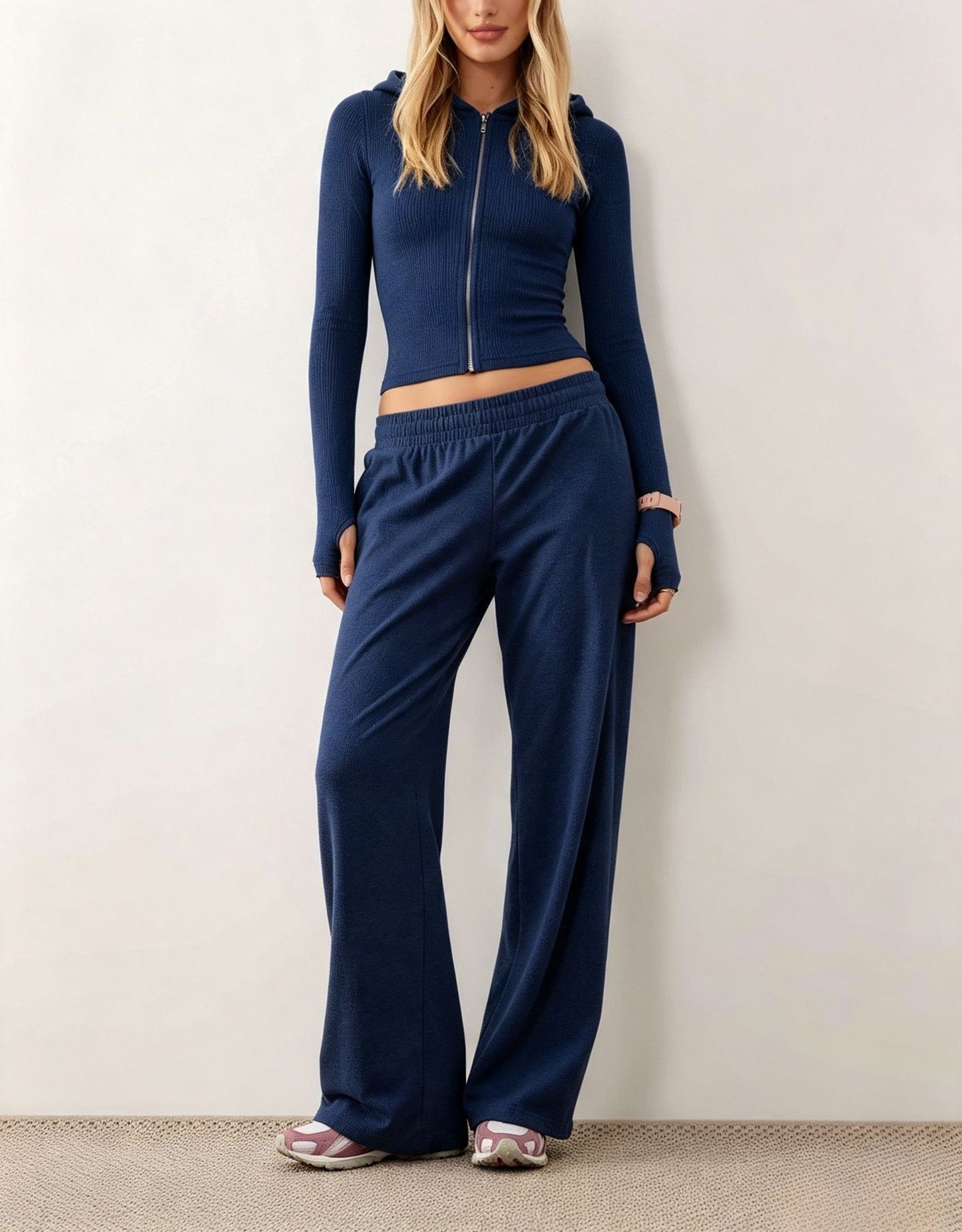 Women's Cropped Zip Hoodie & Wide Leg Pants Lounge Set
