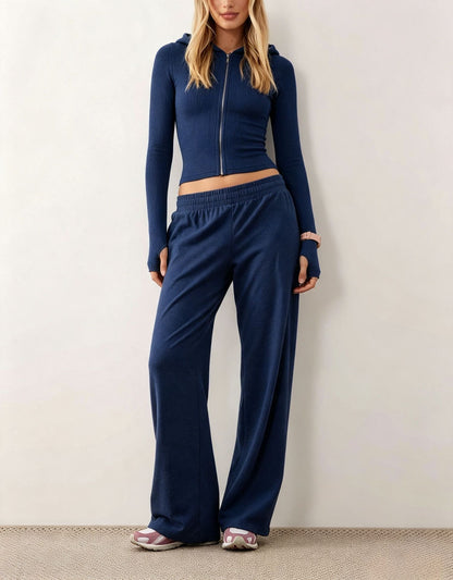 Women's Cropped Zip Hoodie & Wide Leg Pants Lounge Set