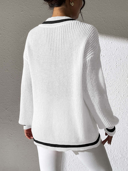 Preppy Colorblock V-Neck Loose Knit Sweater