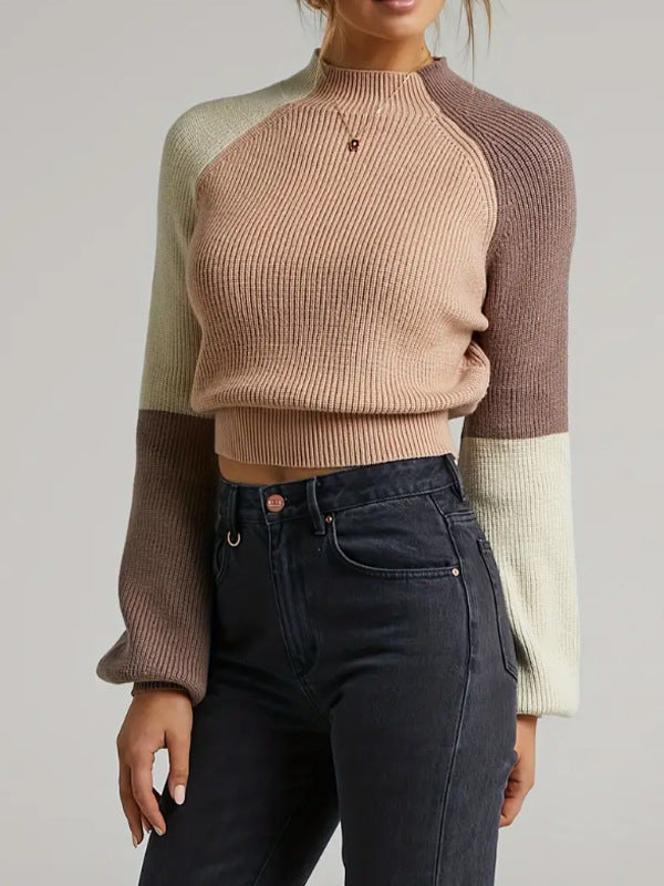 Women's Color Block Mock Neck Ribbed Pullover Sweater