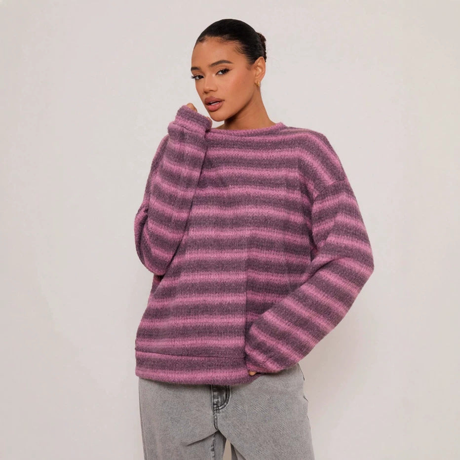 Oversized Striped Crewneck Sweater Casual Drop Shoulder Top