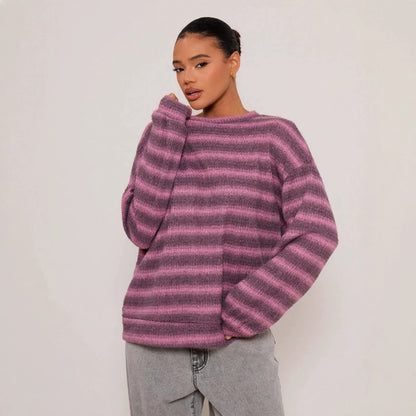 Oversized Striped Crewneck Sweater Casual Drop Shoulder Top