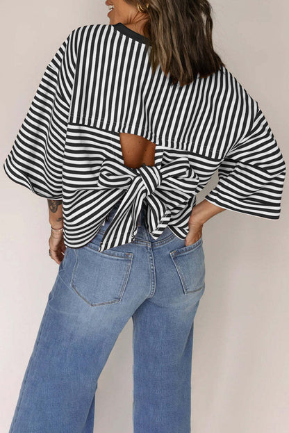 Blue Striped Knit Back Bow Open Back Top Women