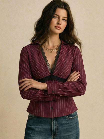 Women's Lace Trim Striped Fitted Long Sleeve Blouse