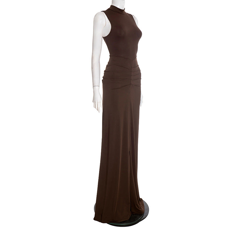 Women's Mock Neck Sleeveless Ruched Bodycon Maxi Dress