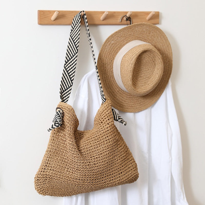 Striped Strap Straw Shoulder Bag Beach Tote for Women