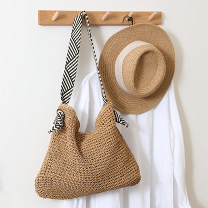 Striped Strap Straw Shoulder Bag Beach Tote for Women