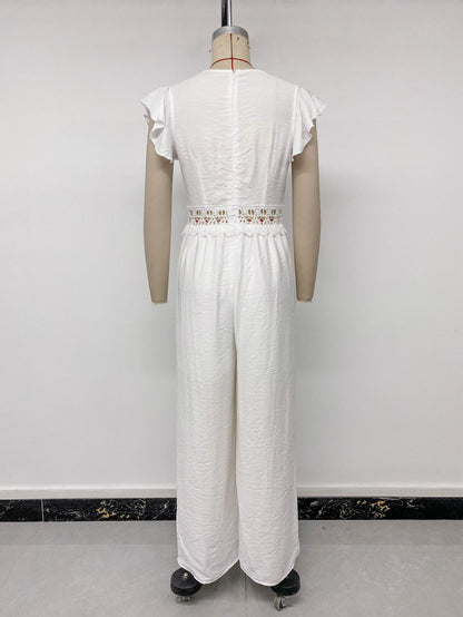 Lace Flutter Sleeve Wide Leg Jumpsuit Resort Outfit