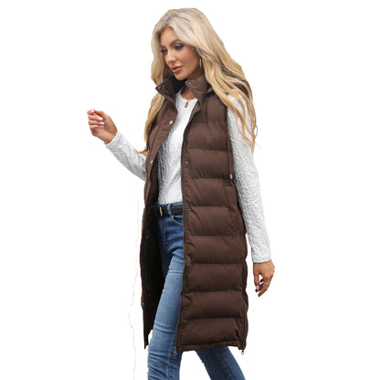 Women's Long Hooded Sleeveless Quilted Puffer Vest