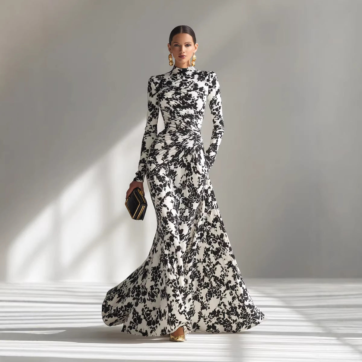 Women's Elegant Floral Ruched Long Sleeve Maxi Dress