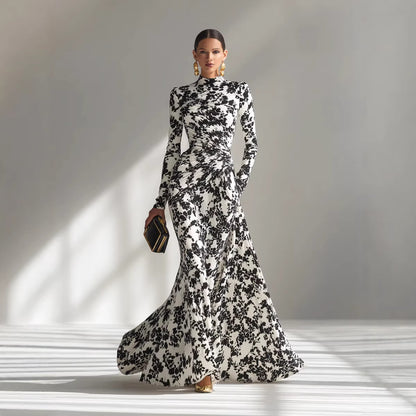 Women's Elegant Floral Ruched Long Sleeve Maxi Dress