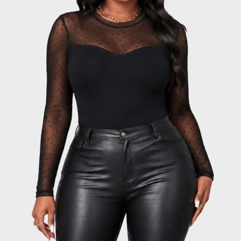 Black Sheer Mesh Polka Dot Fitted Long Sleeve Top