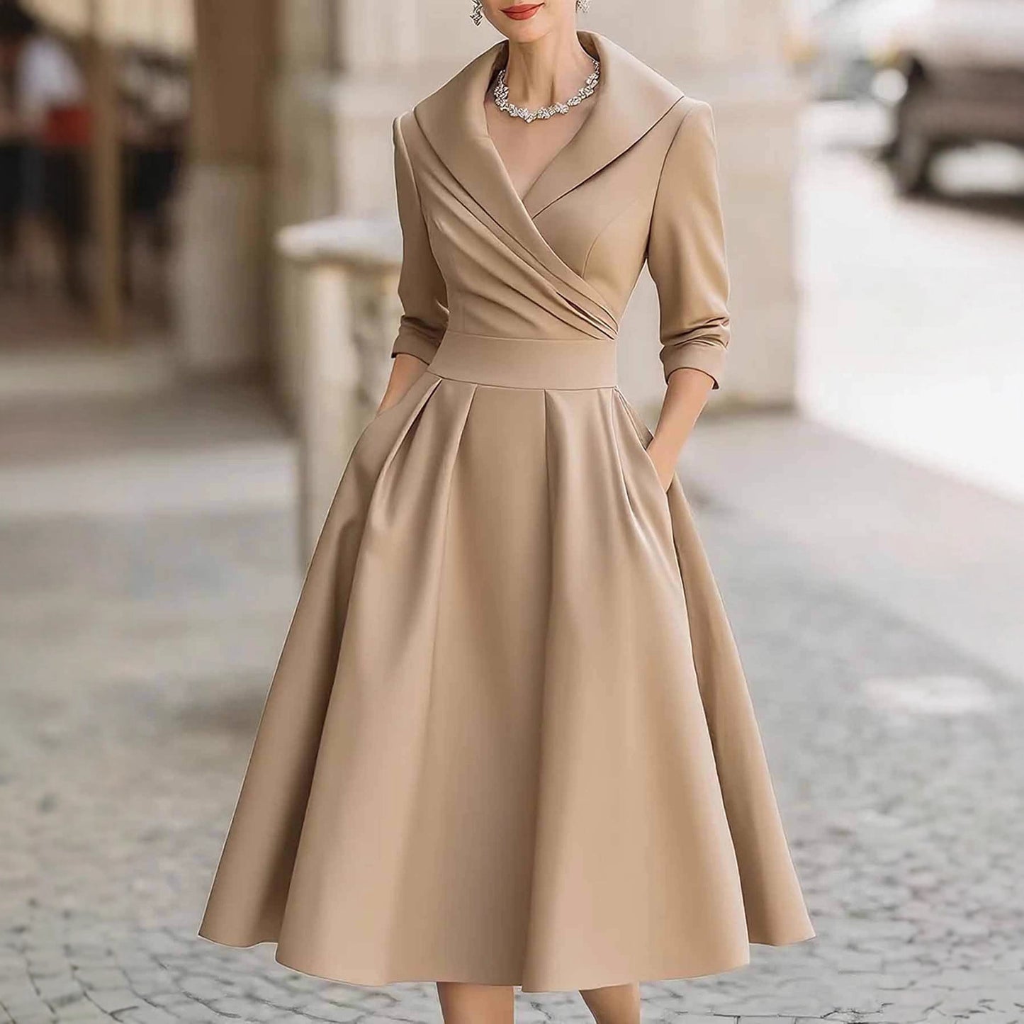 Elegant Satin Long Sleeve Belted A-Line Midi Dress Pockets