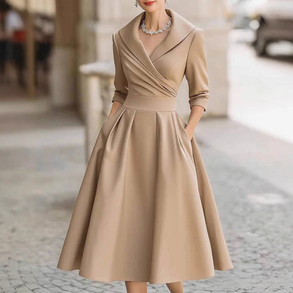 Elegant Satin Long Sleeve Belted A-Line Midi Dress Pockets