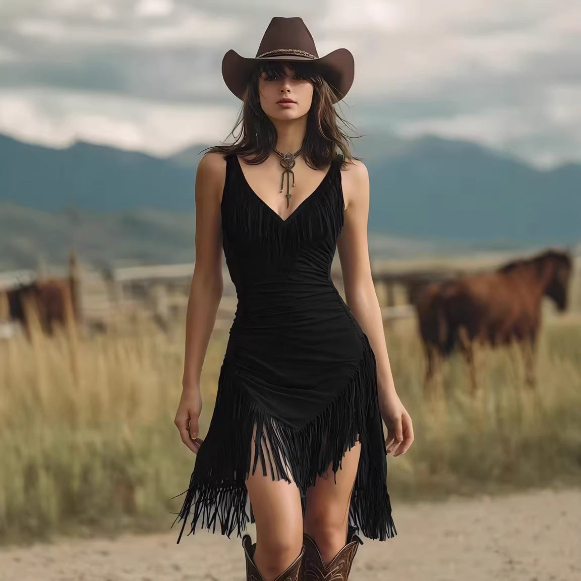 Sexy Cowgirl Fringe Mini Dress Deep V Neck Bodycon