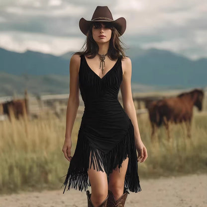 Sexy Cowgirl Fringe Mini Dress Deep V Neck Bodycon