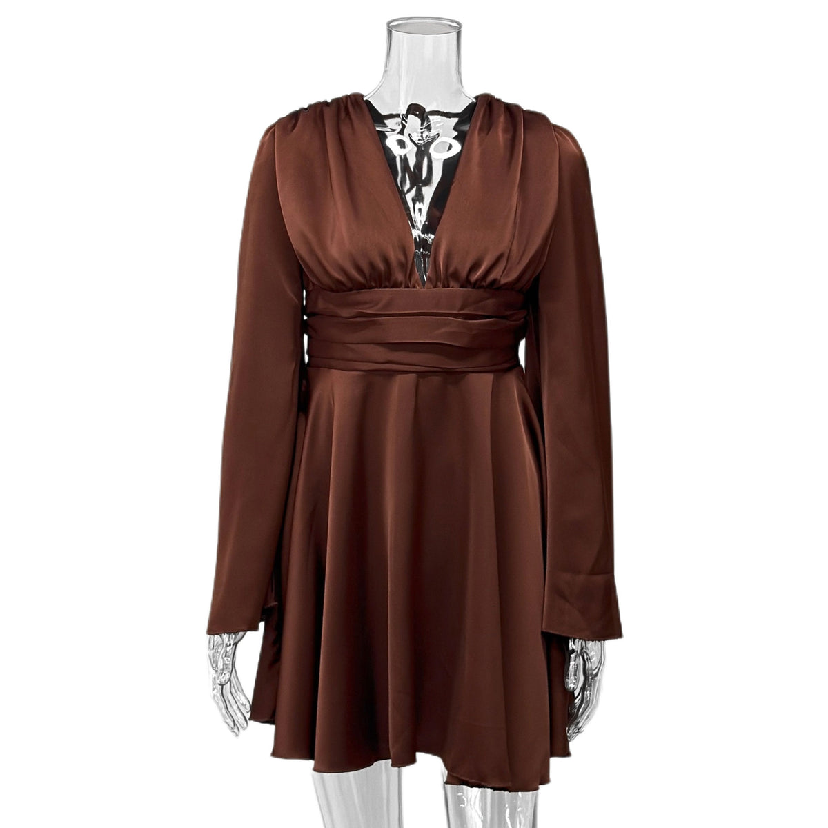 Women's Satin Bell Sleeve V-Neck Ruched Mini Dress