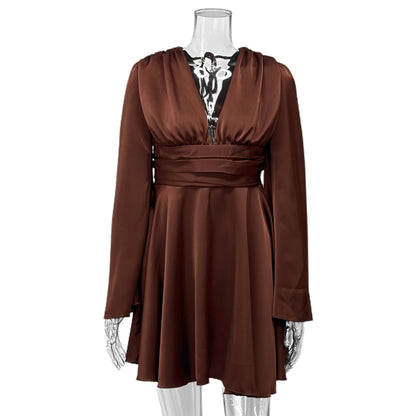 Women's Satin Bell Sleeve V-Neck Ruched Mini Dress