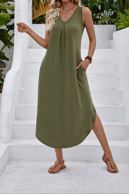 V Neck Sleeveless Pocket Midi Dress Casual Swing Sundress