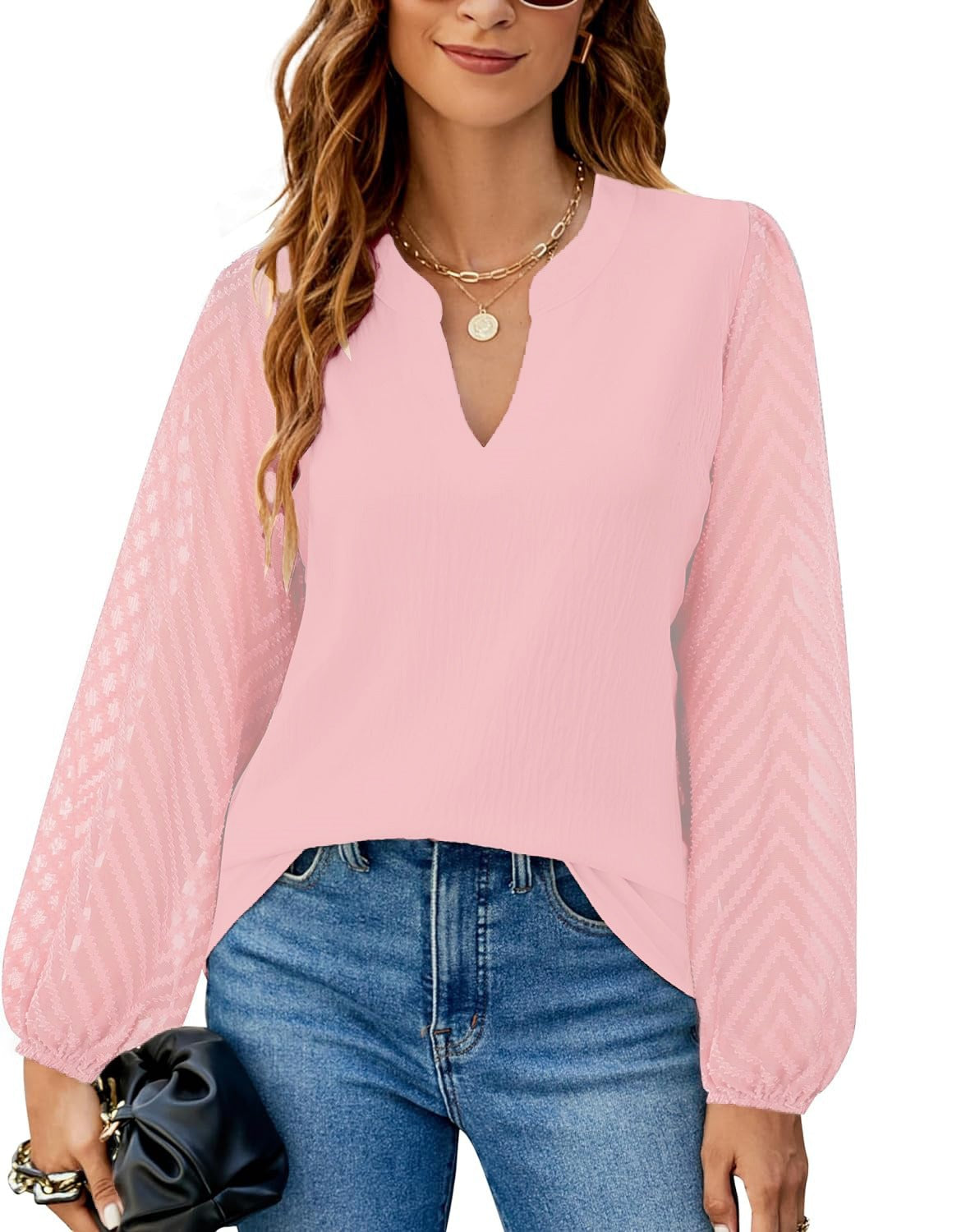 Chiffon Lace V-Neck Top Long Sleeve Balloon Sleeve Blouse