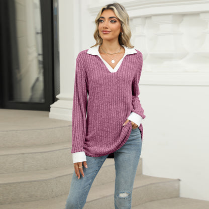 Women's Oversized Contrast Collar V Neck Long Sleeve Top