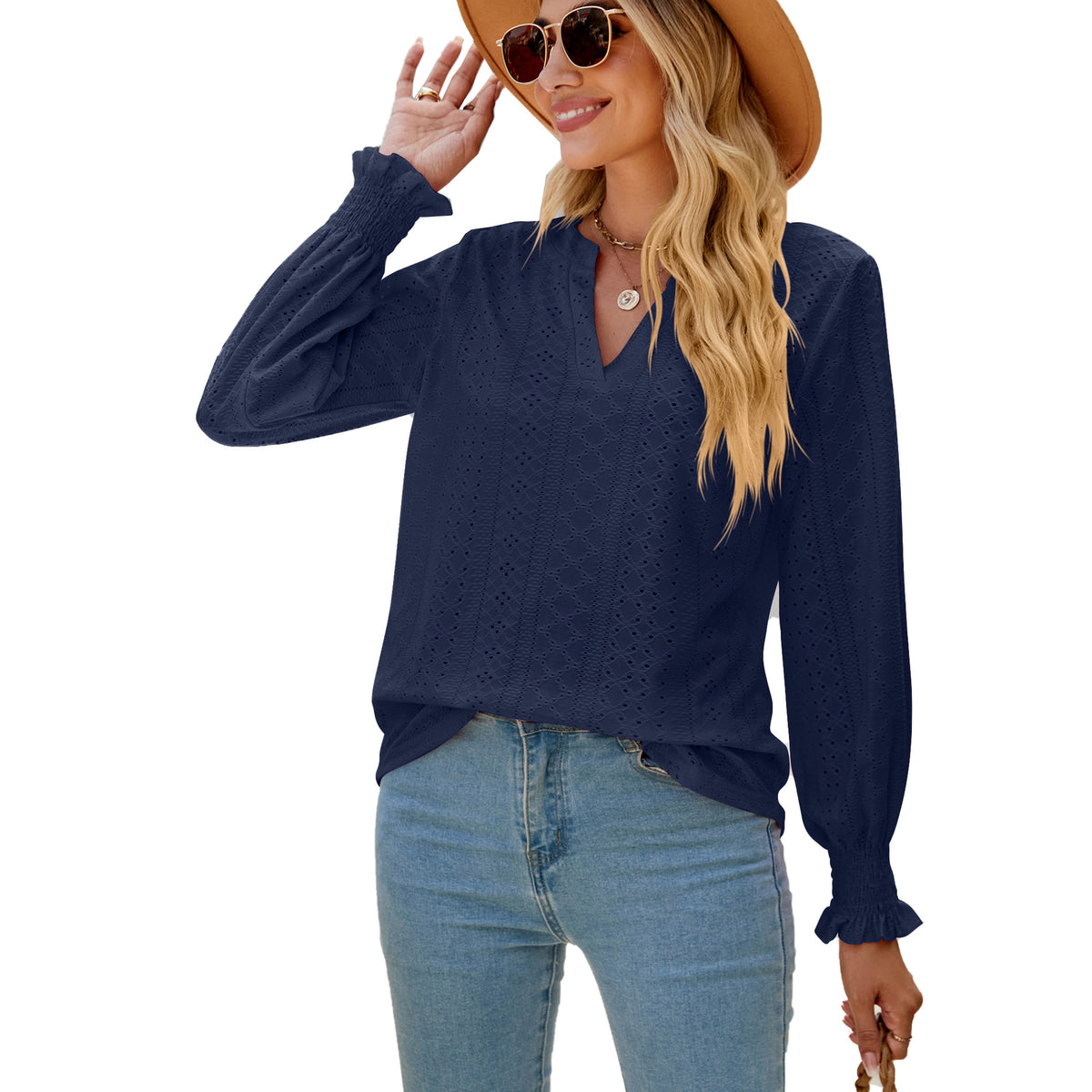 Women's Eyelet V-Neck Long Sleeve Ruffle Cuff Loose Blouse